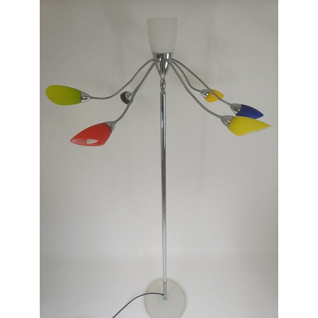 Beautiful Italian design floor lamp by De Majo called Poli Po. The lamp has six movable arms with colorful glass shades...