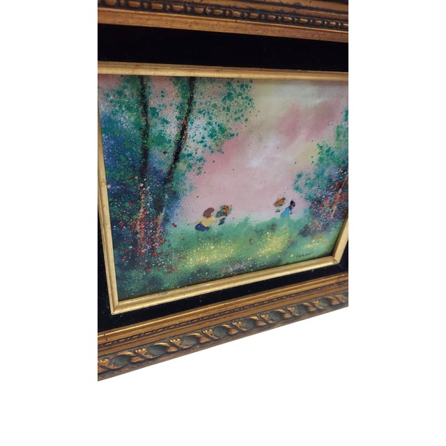 Late 20th Century Cardin Framed Painting of Children Exchanging Flowers Sunset Copper Enameled Golden Hour For Sale - Image 4 of 8