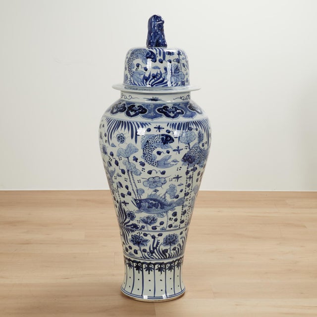 Blue Large Pair of Chinese Blue and White Porcelain Lidded Urns For Sale - Image 8 of 13