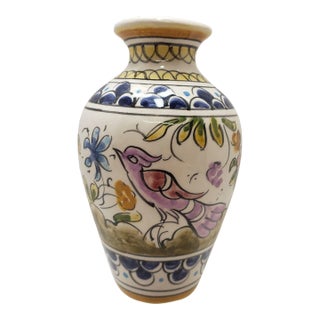 Vintage Hand-Painted Coimbra Bud Vase From Portugal With Flowers and Birds For Sale