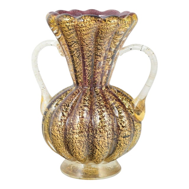 Vintage Murano Vase with Ribbed Body, 1960s For Sale