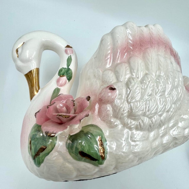 Ceramic Vintage Pink and Gold Lusterware Ceramic Large Swan Planter Centerpiece For Sale - Image 7 of 11
