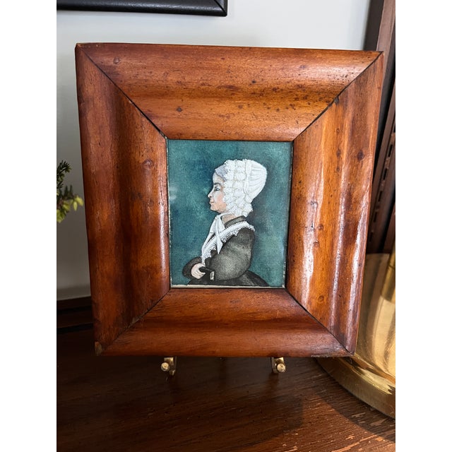 Teal Antique Primitive Miniature Framed English Watercolor Portrait Artwork For Sale - Image 8 of 10