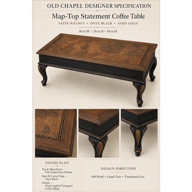 English Vintage Grand Tour Leather Map Coffee Table in Satin Walnut, Onyx Black and Gilded Gold For Sale - Image 3 of 3