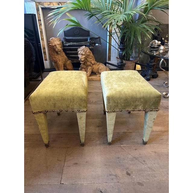 Mid-Century French Green Velvet and Brass Ottomans, 1950, Set of 2 For Sale - Image 4 of 10