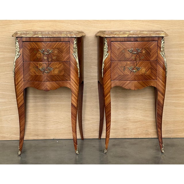 Pair Antique French Louis XV Marquetry Marble Top Nightstands with Two Drawers For Sale - Image 16 of 18