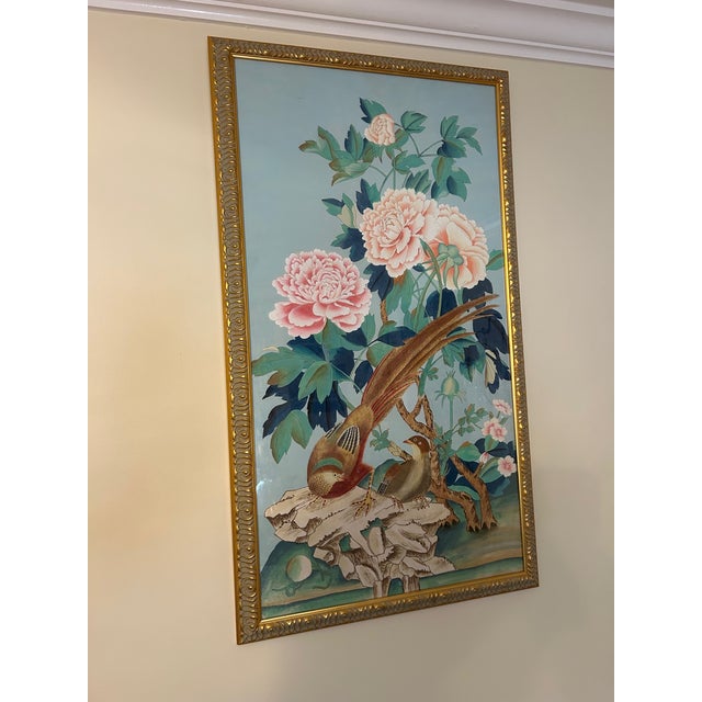 1990s Chinoiserie Oil on Silk Painting of Birds With Lotus Blooms by Chelsea - a Pair For Sale - Image 15 of 18