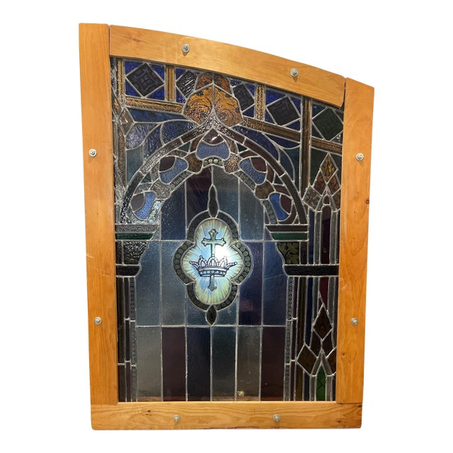 Antique Gothic Revival "Cross and Crown" Stained Glass Liturgical Panel For Sale