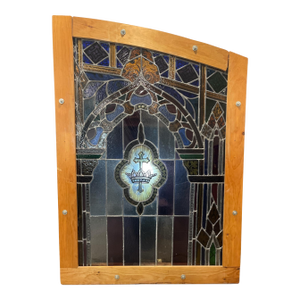 Antique Gothic Revival "Cross and Crown" Stained Glass Liturgical Panel