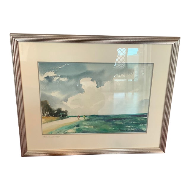 Original Watercolor Titled “Florida Bathers” Beach Painting Signed by Artist Richard C. Lewis (1952) For Sale