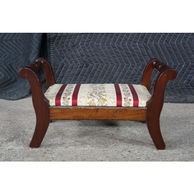 Antique 20th C. Regency Style Mahogany Footstool Striped Floral Brocade Seat For Sale - Image 10 of 15