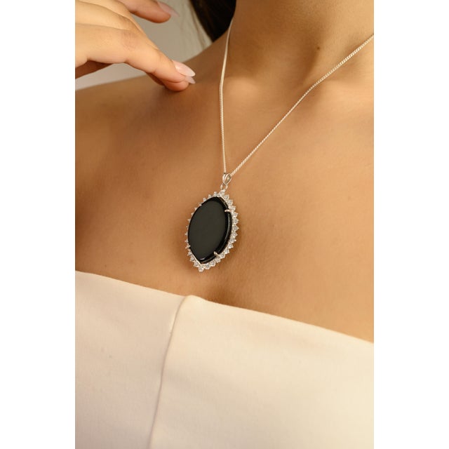 Bochic 925 Silver Pendant With Marquise Cut Black Onyx Halo Sparkling Zircons For Sale - Image 6 of 10