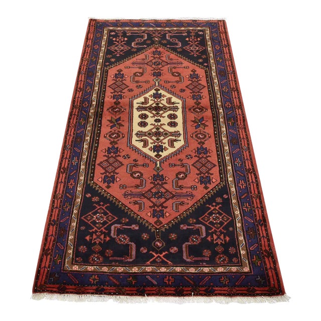 Hamedan Rug 3'5'' X 6'3'' Red Wool Vintage Tribal Hand-Knotted Oriental Carpet For Sale