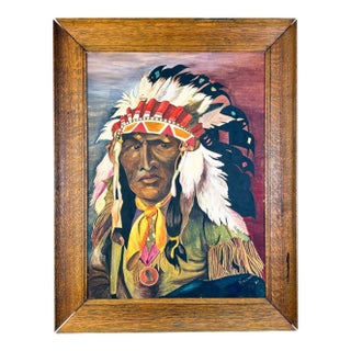 1924 Native American Chief Portrait – Gouache & Watercolor on Board – Signed Kremer For Sale
