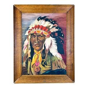 1924 Native American Chief Portrait – Gouache & Watercolor on Board – Signed Kremer