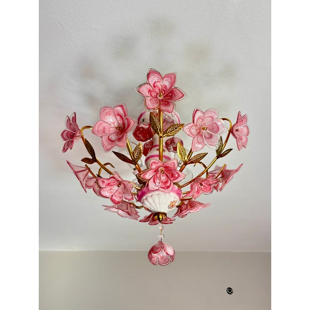 1980s Italian Pink Murano Style Glass Floral Chandelier – Hand-Painted Porcelain & Brass Ceiling Light For Sale - Image 16 of 18