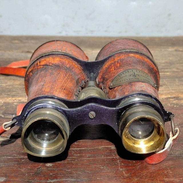 Metal Early 20th Century Leather-Cased Binoculars – 5.5" Brass & Leather Field Glasses With Case For Sale - Image 7 of 9