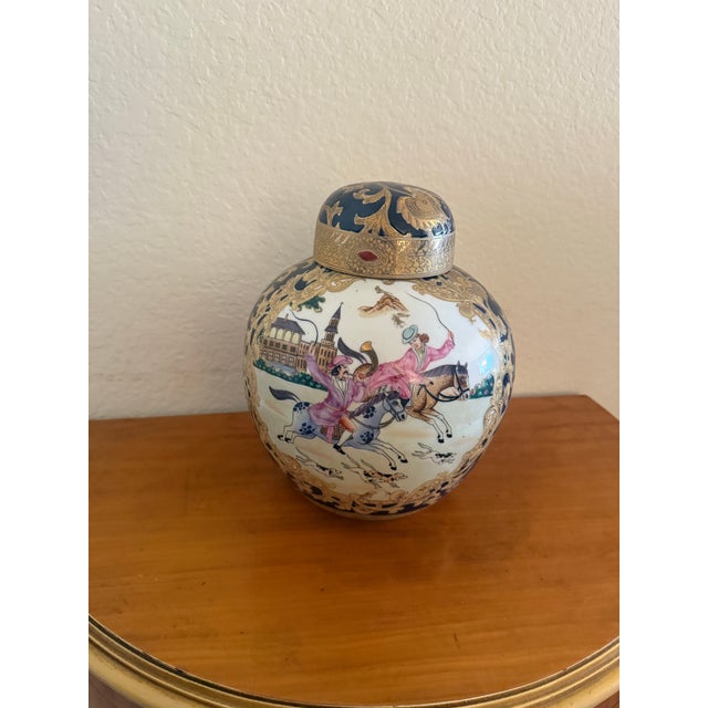 Gold Vintage Blue and Gold Porcelain Urns With Equestrian Hunt Scene (A Pair) For Sale - Image 8 of 9