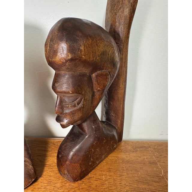 Vintage African Hand Carved Wood Couple Bust Bookends Tribal Folk Art 12" For Sale - Image 13 of 15
