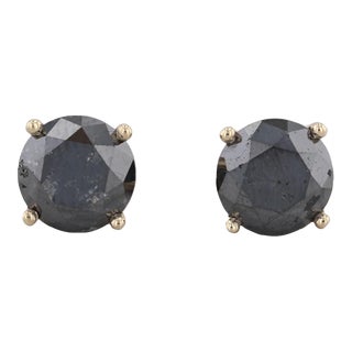 New 3.70ctw Black Diamond Stud Earrings 14k Yellow Gold Round Solitaires - 2 Pieces For Sale