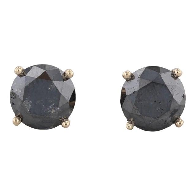 New 3.70ctw Black Diamond Stud Earrings 14k Yellow Gold Round Solitaires - 2 Pieces For Sale