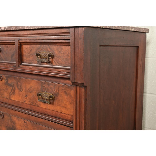 Herter Brothers Style Antique Eastlake Victorian Carved Burled Walnut Marble Top Dresser With Mirror, Circa 1880s For Sale - Image 12 of 17
