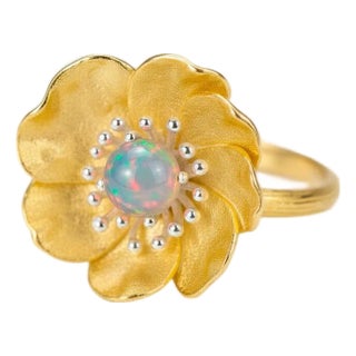 Peony Flower Ring With Opal, Size 8 For Sale
