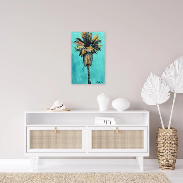 Textile Verdigris Breeze - Turquoise Sky Colorful Palm Tree Original Artwork by Kathleen Keifer For Sale - Image 7 of 9