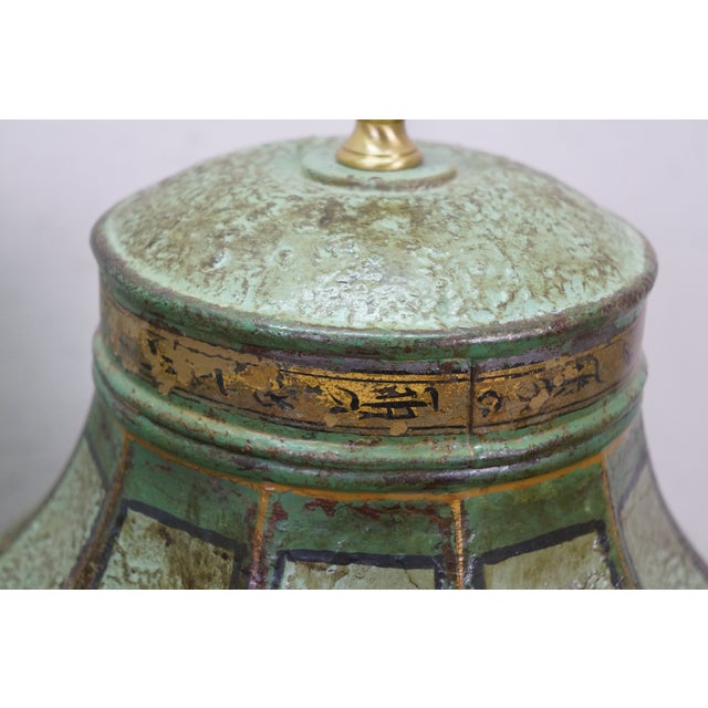 Late 20th Century Chinese Chinoiserie Green Gilt Toleware Tea Canister Caddy Banquet Lamps - a Pair For Sale - Image 18 of 18