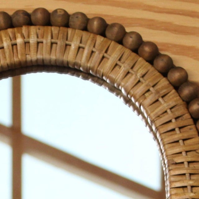 1970s Vintage Arched Wall Mirror | Rattan and Wooden Bead Frame For Sale - Image 5 of 6