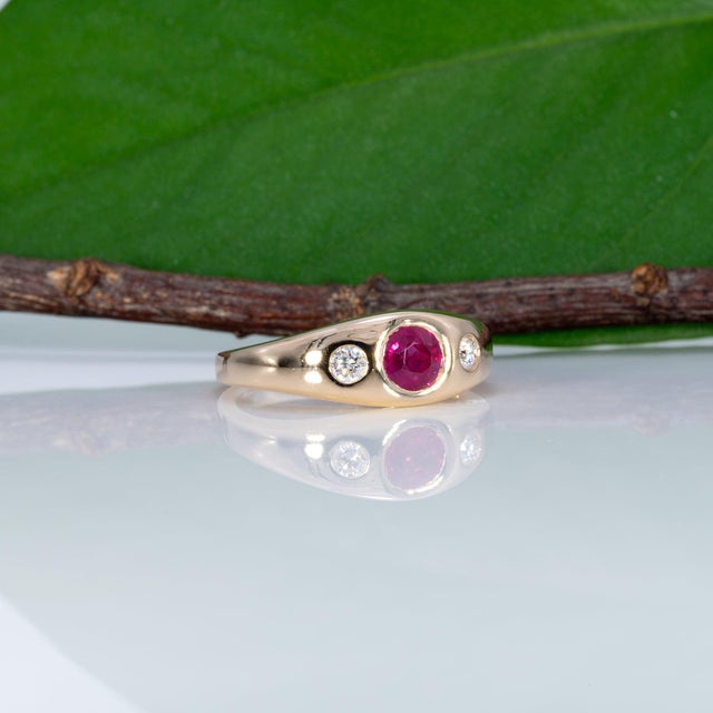 Metal Aaa Burma Ruby Ring With Earth-Mined Diamond Accents in Solid 14k Gold, 5mm, Size 6.75 For Sale - Image 7 of 9