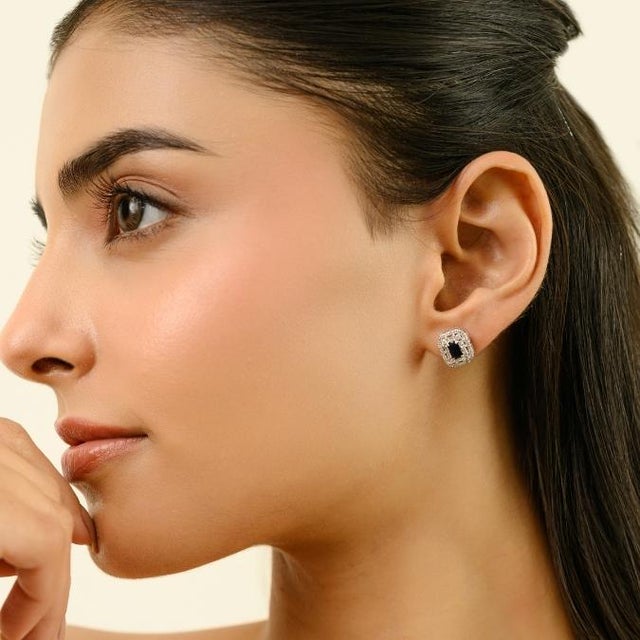 Art Deco-Style 14k Gold Octagon Blue Sapphire & Diamond Cluster Stud Earrings For Sale - Image 4 of 10