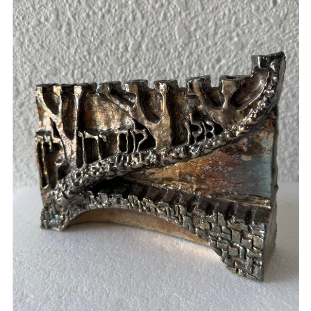 Unknown, Artist Designed Signed Judaica Israeli Menorah Candelabra Sculpture Silver Plate For Sale - Image 11 of 12
