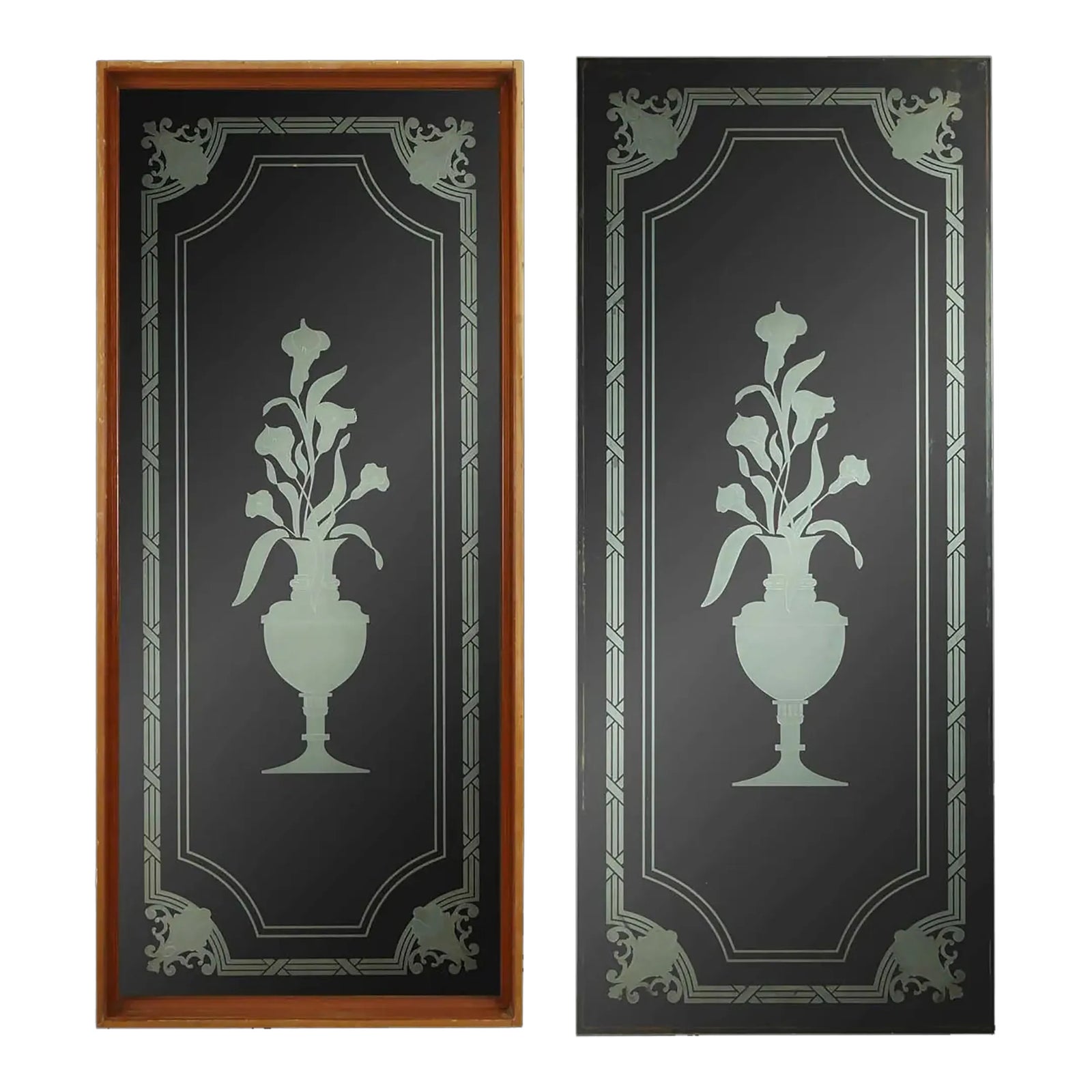 Pair of Late 20th Century Reclaimed Calla Lily Urn Etched Clear Glass ...