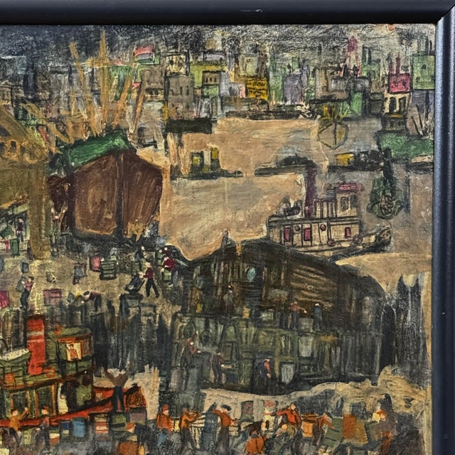 Mid-Century Modern Vintage Modernist Dock/Harbor Cityscape Scene With Workers(Mixed Media on Board) For Sale - Image 3 of 5