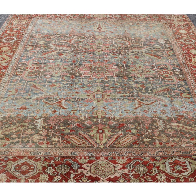 Persian Antique Serapi Rug with All-Over Geometric Design in Gray-Blue and Red. Keivan Woven Arts / Rug / V21-0812-15487,...