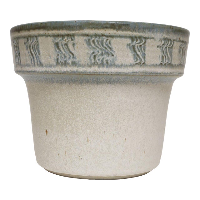 Vintage Green, Blue, and Beige Sgraffito Ceramic Planter by Deanna Nichols For Sale