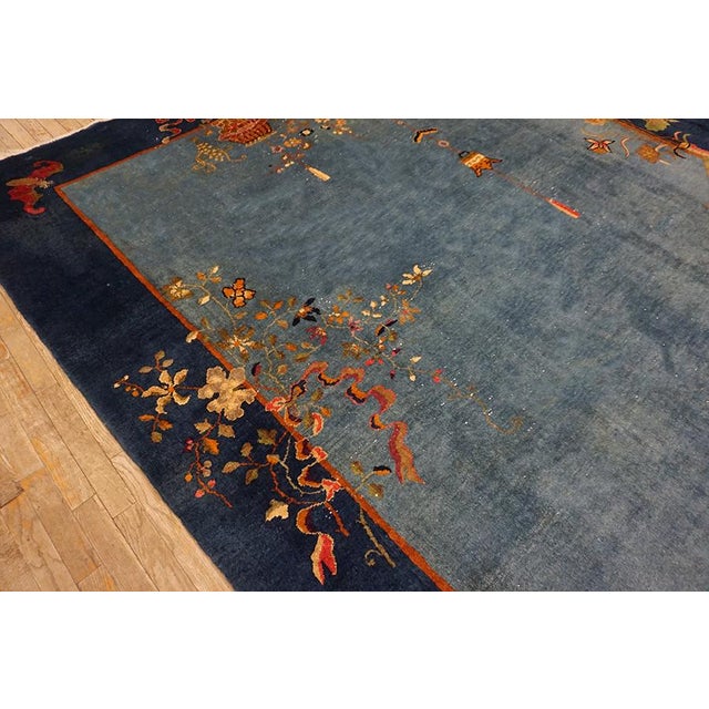 Calming Blue Color Minimalist Floral Pattern Antique Chinese Art Deco Carpet For Sale - Image 9 of 15