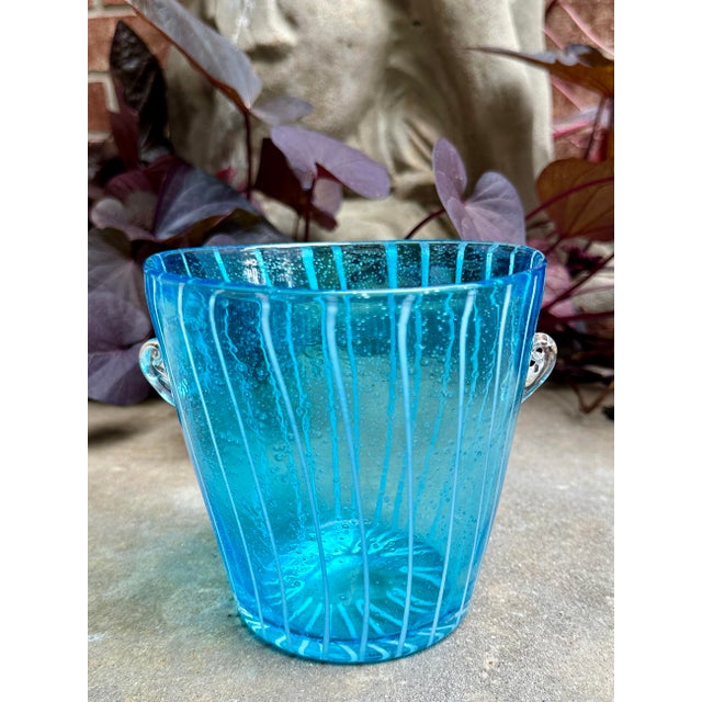 Vintage Blue Murano Glass Ice Bucket With Hand Blown Handles For Sale In Houston - Image 6 of 8