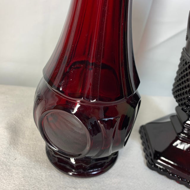 Vintage Avon 1876 Cape Cod Ruby Red Glass Flower Vase and Bud Vase - Pair For Sale - Image 4 of 7