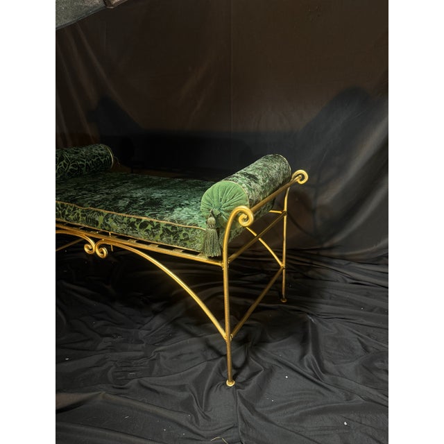 Vintage Hollywood Regency-Style Emerald Green Velvet and Gold-Tone Metal Bench For Sale - Image 4 of 11