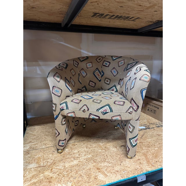 1970s Pair of Fun Design Covered Tan Chairs on Wheels- Missing 1 Wheel For Sale - Image 10 of 10