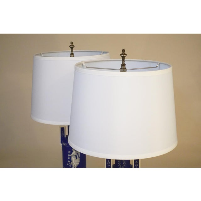 1930s Cobalt Noritake Wedgewood Jasperware Style Neoclassic Art Deco Table Lamps - a Pair For Sale - Image 13 of 15