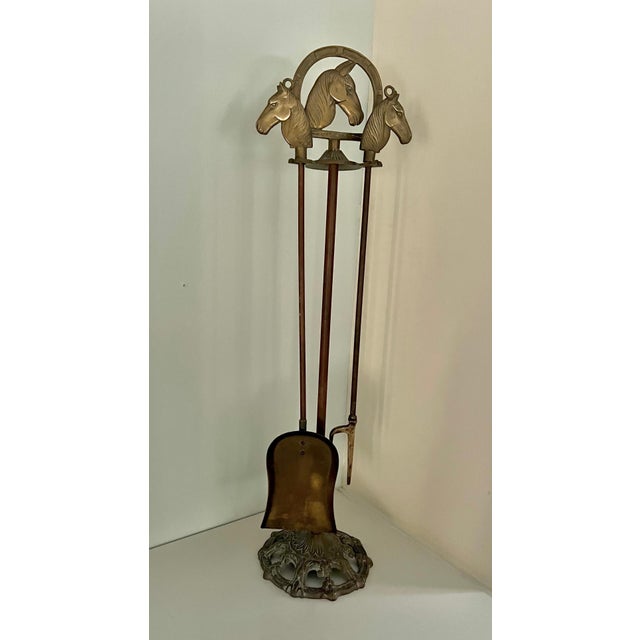 Solid Brass Fireplace Tools with Horse Head Handles & Stand - Set of 3 For Sale - Image 12 of 12