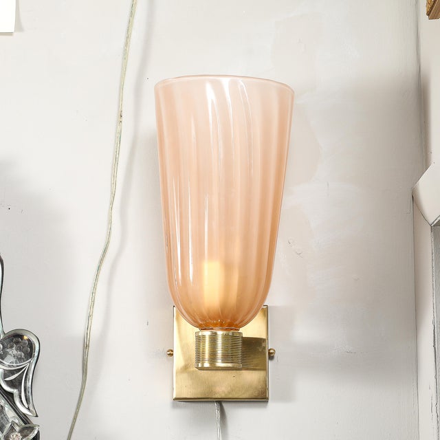 Modernist Hand-Blown Smoked Rose Murano Fluted Glass Sconces With Brass Fittings For Sale - Image 12 of 17