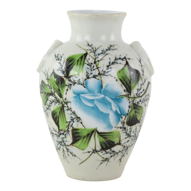 Vintage Hand-Painted Porcelain Vase With Blue Floral Design For Sale