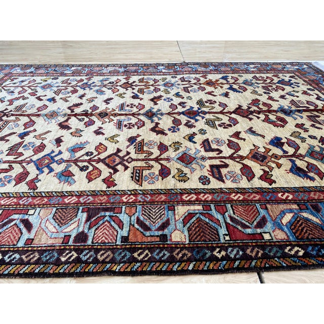 Persian Vintage Afghan Tree of Life Bird Rug in Ivory, Indigo and Madder Red For Sale - Image 3 of 9