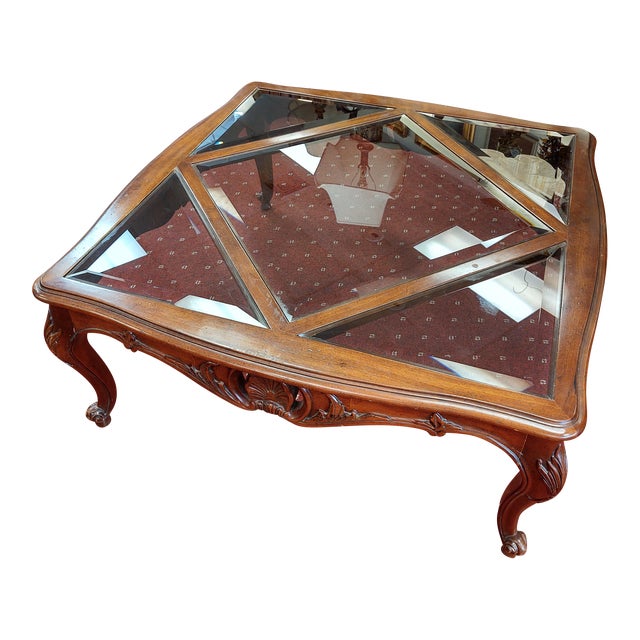Vintage French Provincial Style Coffee Table With Beveled Glass Inserts