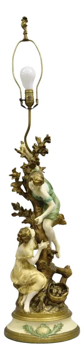 Vintage French Renaissance Moreau Metal Boy and Girl Large Figural Table Lamp