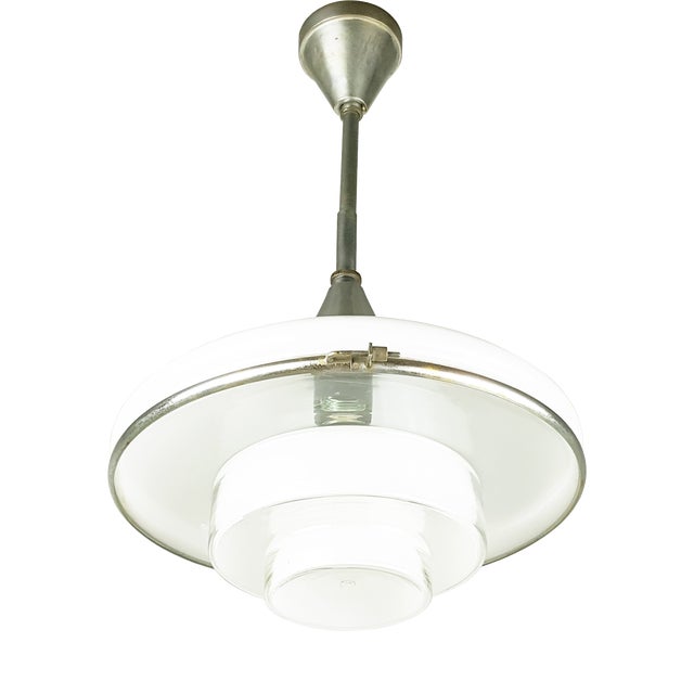 Chrome-Plated and Opaline Glass Pendant Lamp by Otto Müller for Megaphos, 1930s For Sale